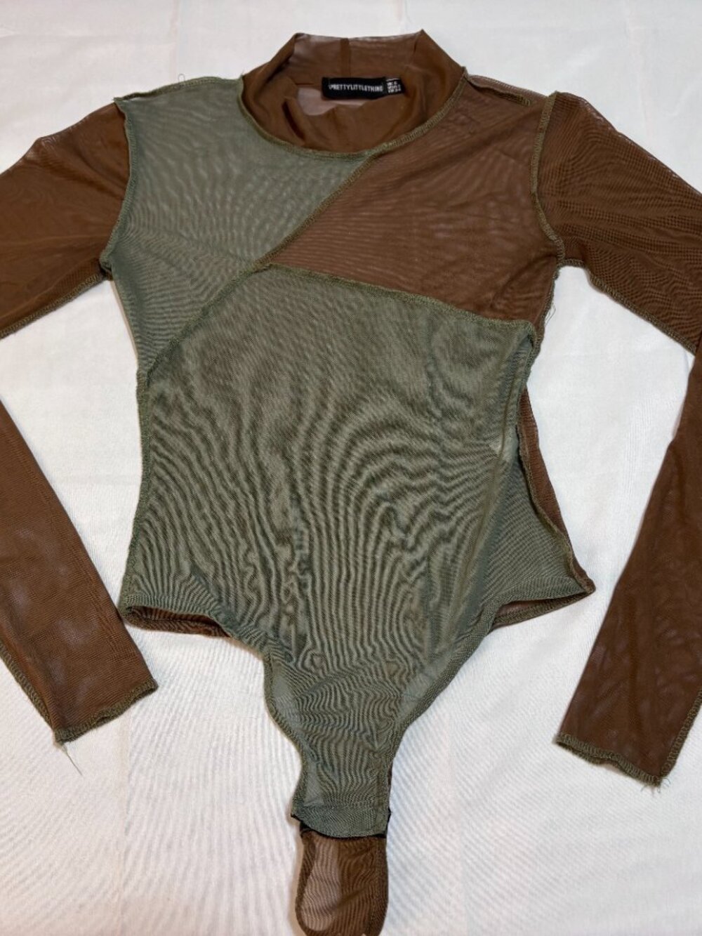 PrettyLittleThing Brown & Sage Green Sheer Mesh Colorblock Long Sleeve Bodysuit